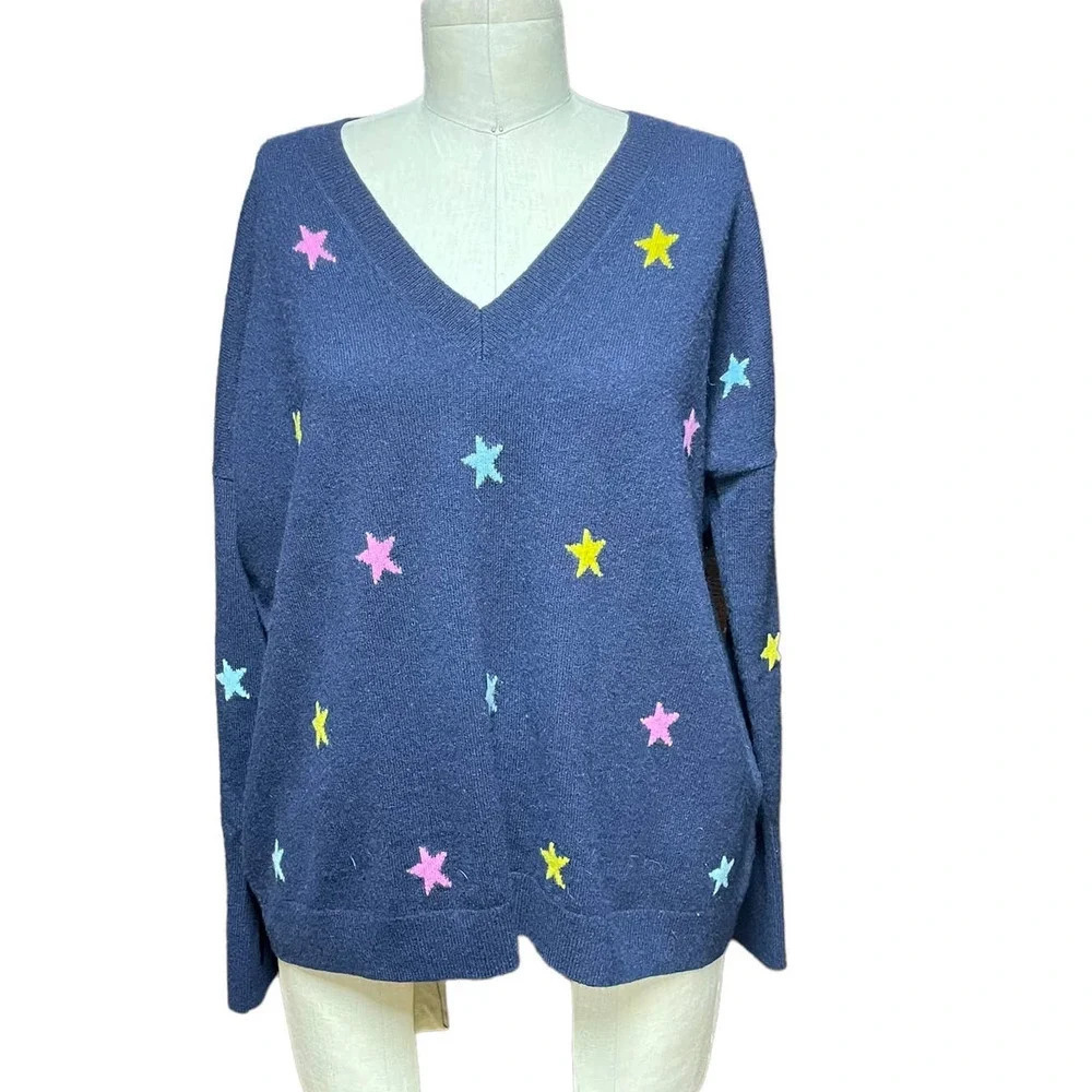 J.‎ Crew Navy Blue Stars V-Neck Cashmere Sweater Size XS